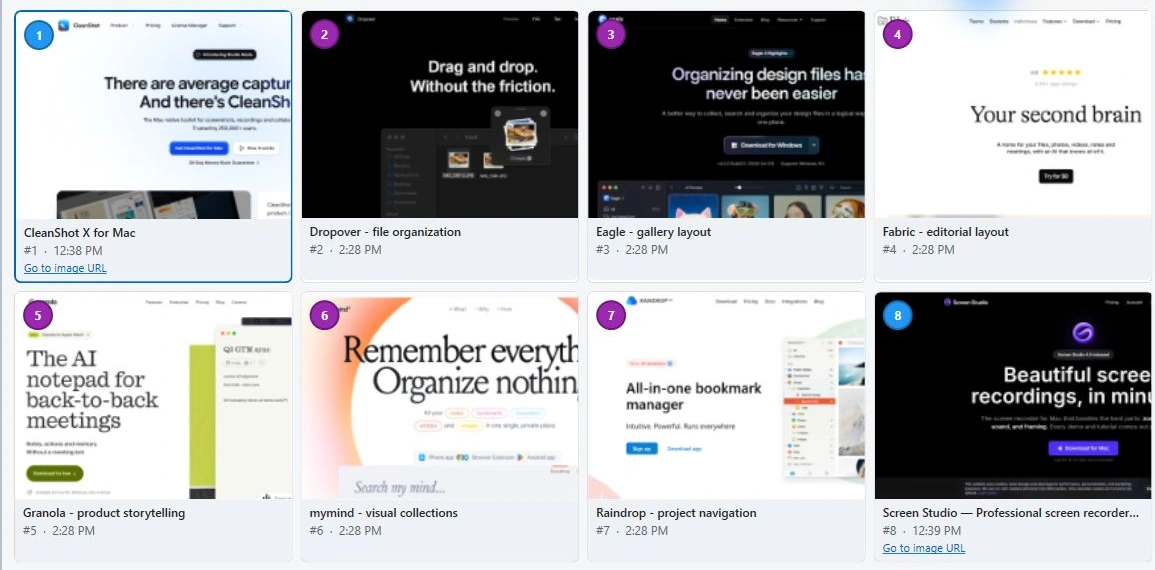 Actual UIHike gallery showing eight website references with useful titles and browser source links.