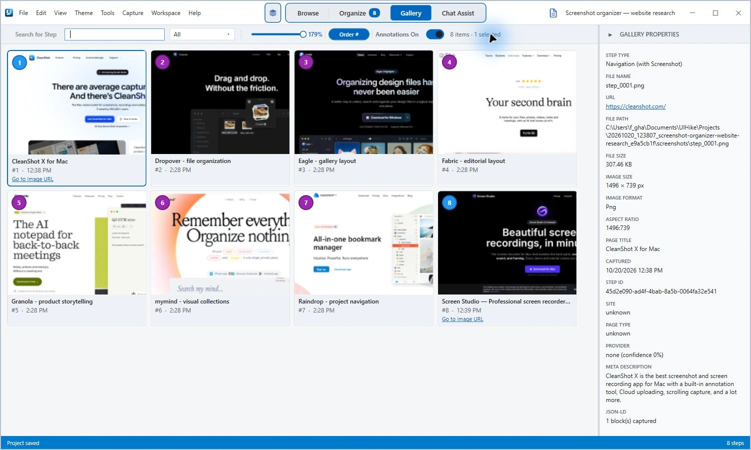 Real UIHike desktop gallery containing eight website design references in one project, with titles and browser source links.