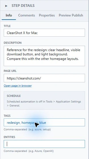 Real UIHike step details: an editable title, a practical note, the original source URL, and design tags.